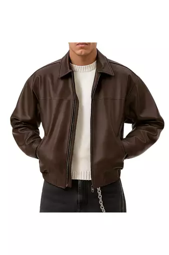 Men's brown genuine leather modern fit 80's style bomber jacket