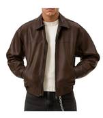 Men's brown genuine leather modern fit 80's style bomber jacket