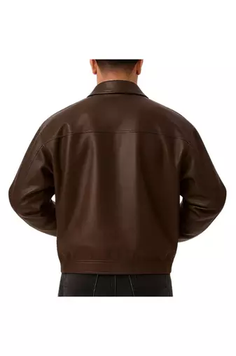 Men's brown genuine leather modern fit 80's style bomber jacket