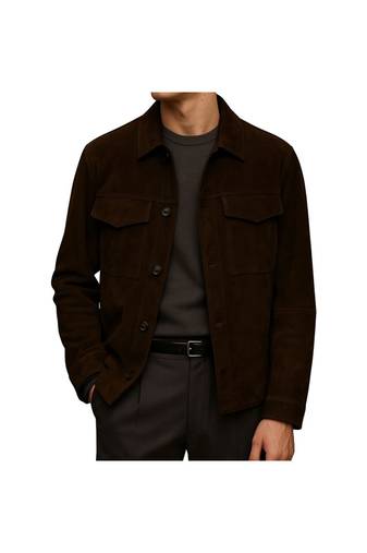 Men's brown suede leather street style soft genuine button style jacket