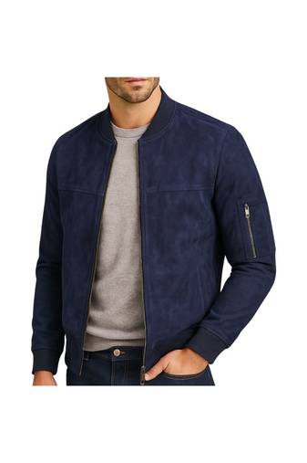 Men's navy blue suede leather premium quality bomber jacket