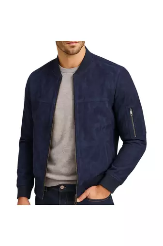 Men's navy blue suede leather premium quality bomber jacket