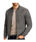 Men's gray suede genuine leather premium quality bomber jacket