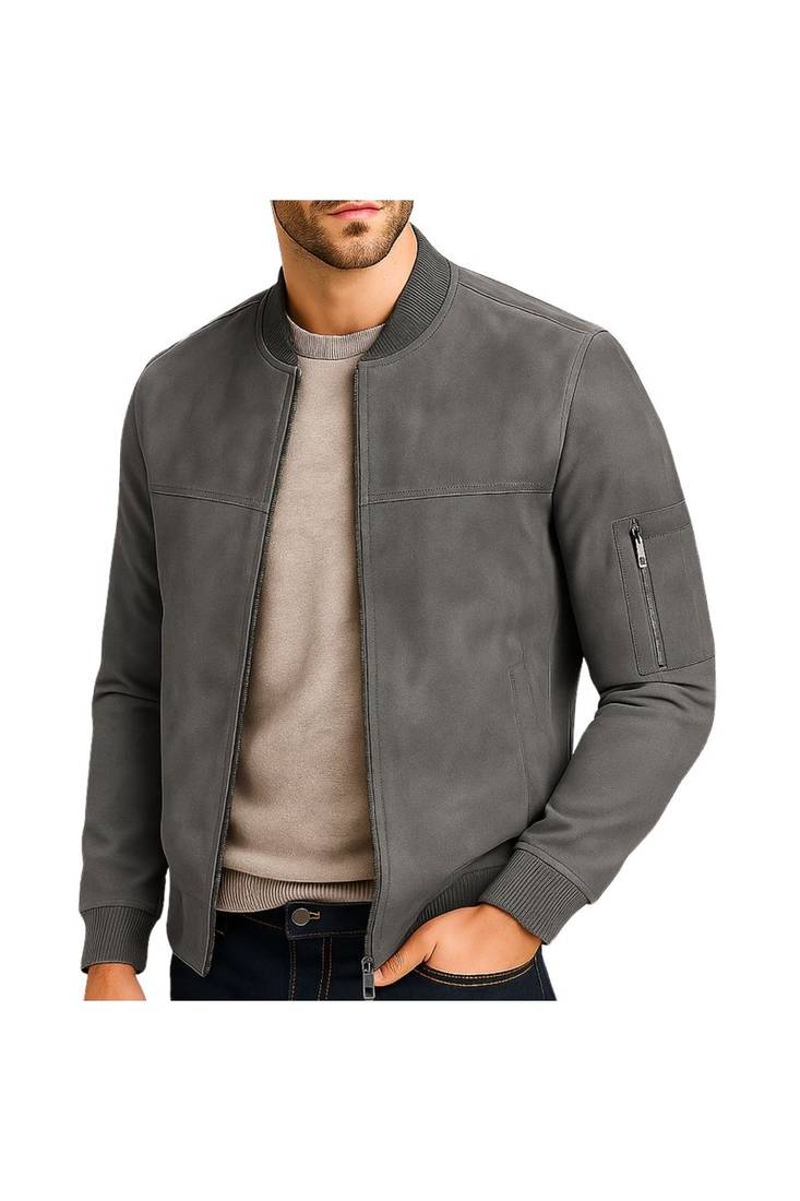 Men's gray suede genuine leather premium quality bomber jacket