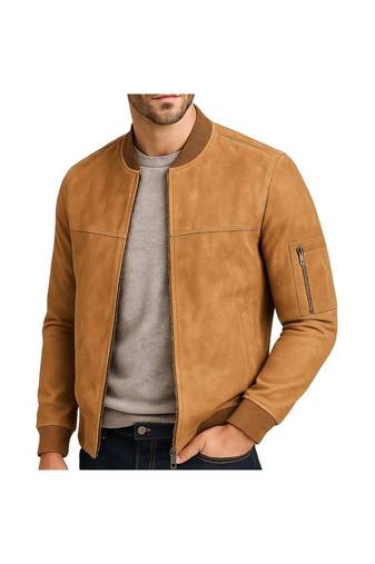 Men's tan suede lambskin leather premium quality bomber jacket