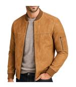 Men's tan suede lambskin leather premium quality bomber jacket