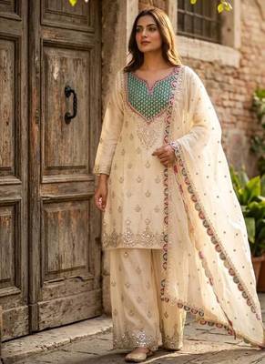 white color cording embroidery sequin work with handwork silk blend kurti palazzo set 1