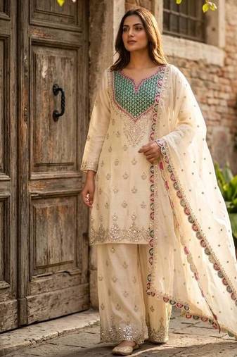 white color cording embroidery sequin work with handwork silk blend kurti palazzo set