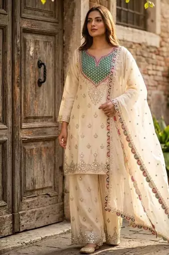 white color cording embroidery sequin work with handwork silk blend kurti palazzo set