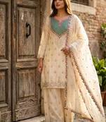 white color cording embroidery sequin work with handwork silk blend kurti palazzo set