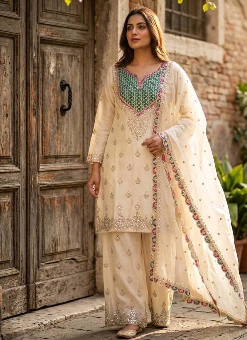 white color cording embroidery sequin work with handwork silk blend kurti palazzo set