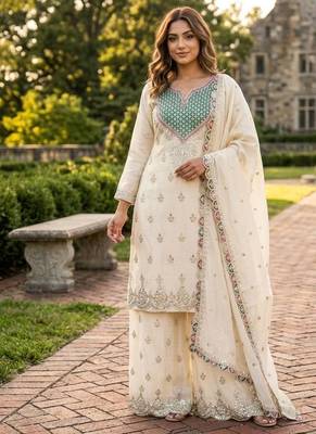 white color cording embroidery sequin work with handwork silk blend kurti palazzo set 2