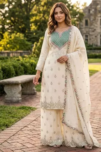 white color cording embroidery sequin work with handwork silk blend kurti palazzo set