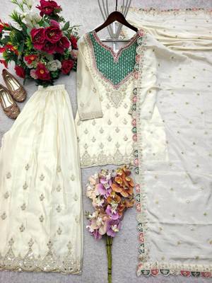 white color cording embroidery sequin work with handwork silk blend kurti palazzo set 3