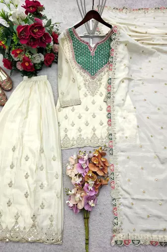 white color cording embroidery sequin work with handwork silk blend kurti palazzo set