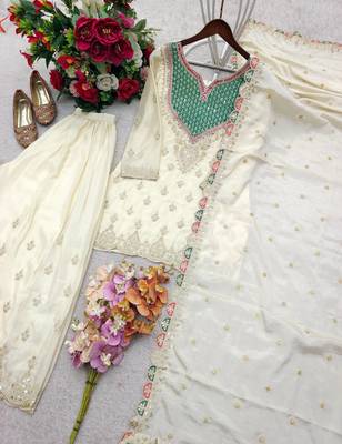 white color cording embroidery sequin work with handwork silk blend kurti palazzo set 4