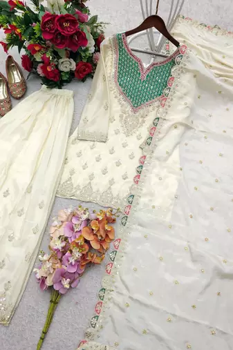white color cording embroidery sequin work with handwork silk blend kurti palazzo set