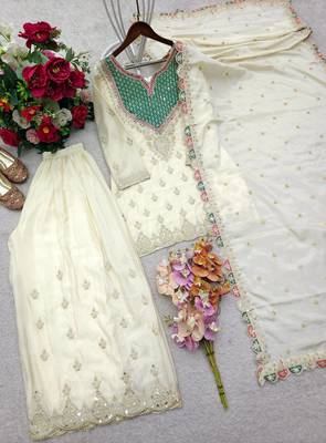 white color cording embroidery sequin work with handwork silk blend kurti palazzo set 5