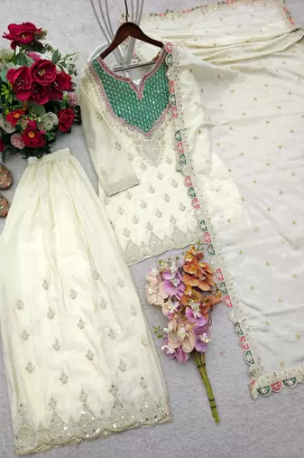white color cording embroidery sequin work with handwork silk blend kurti palazzo set
