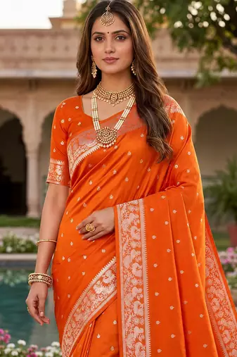 Orange soft silk blend saree with zari weaving meenakari design