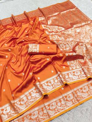 Orange soft silk blend saree with zari weaving meenakari design 5