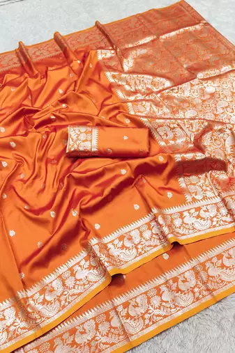 Orange soft silk blend saree with zari weaving meenakari design