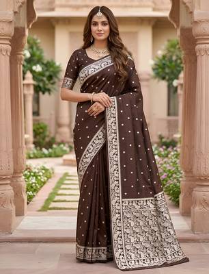 Cofee soft silk blend saree with zari weaving meenakari design 1