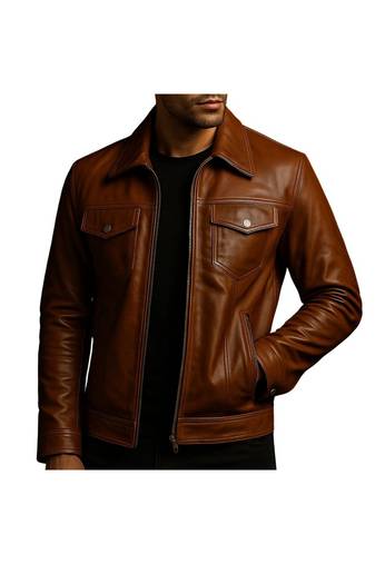 Men's brown genuine leather daily wear flap pocket style jacket