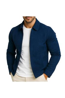 Men's navy blue suede leather signature look genuine bomber jacket 1