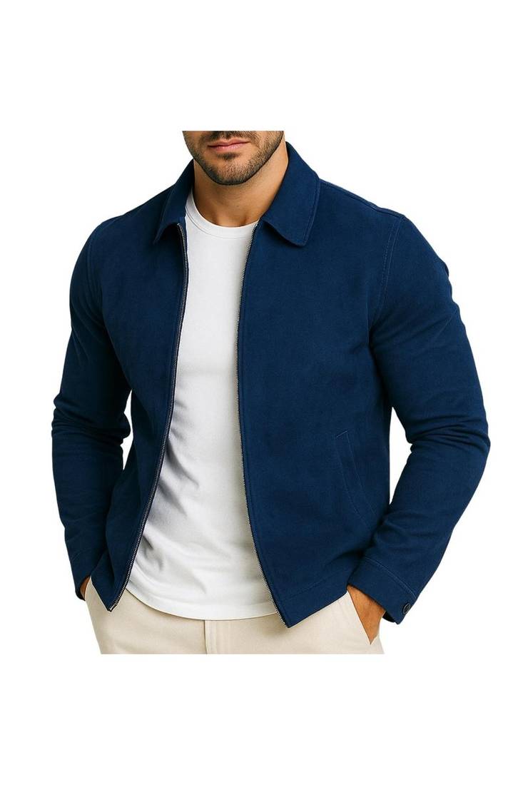 Men's navy blue suede leather signature look genuine bomber jacket