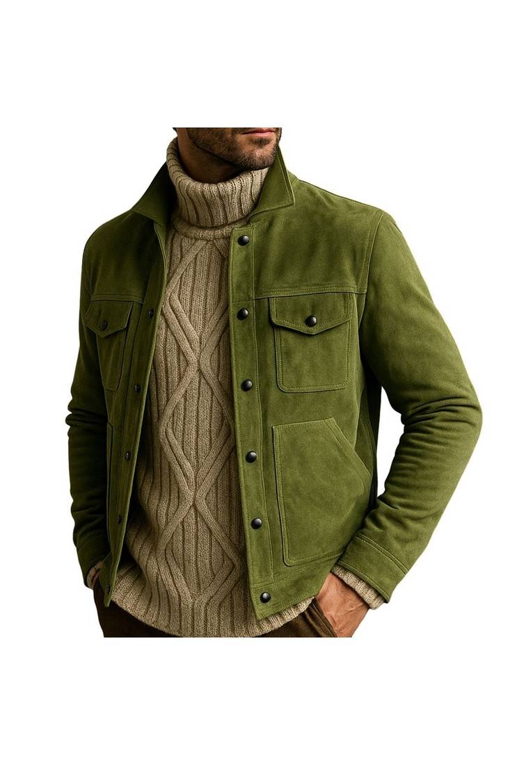 Men's olive green suede leather premium finish button style jacket