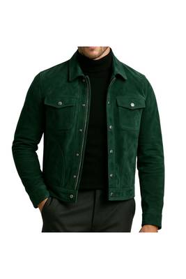 Men's green suede leather everyday wear genuine button trucker jacket 1
