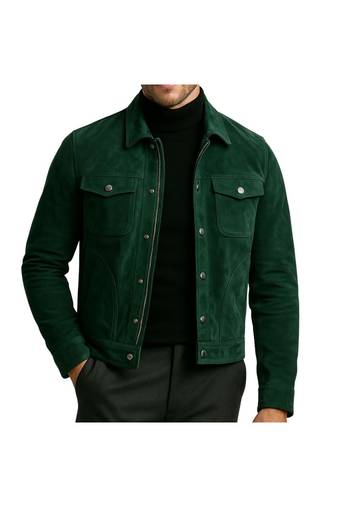 Men's green suede leather everyday wear genuine button trucker jacket
