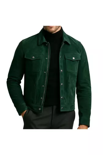 Men's green suede leather everyday wear genuine button trucker jacket
