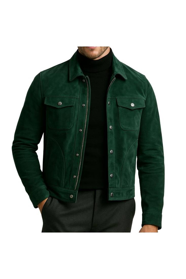 Men's green suede leather everyday wear genuine button trucker jacket