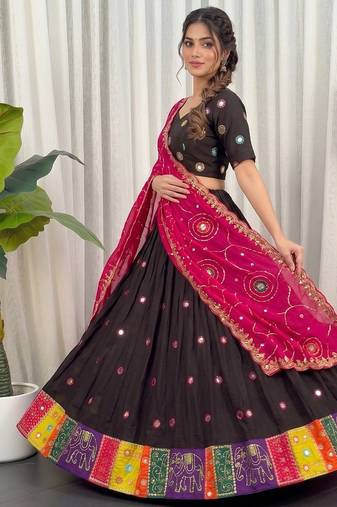 Traditional Black Navratri Lehenga Choli with Mirror Work and Contrast Rani Pink Dupatta