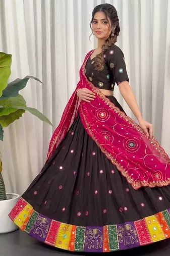 Traditional Black Navratri Lehenga Choli with Mirror Work and Contrast Rani Pink Dupatta