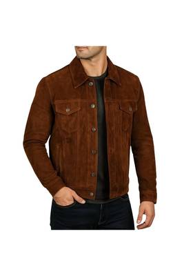 Men brown suede genuine leather fashion outerwear trucker jacket 1