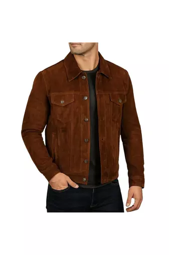 Men brown suede genuine leather fashion outerwear trucker jacket