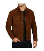 Men brown suede genuine leather fashion outerwear trucker jacket