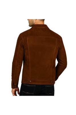 Men brown suede genuine leather fashion outerwear trucker jacket 2