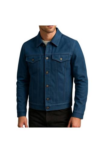 Men's blue suede leather casual button style trucker jacket