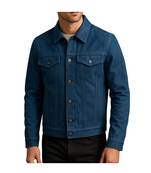 Men's blue suede leather casual button style trucker jacket