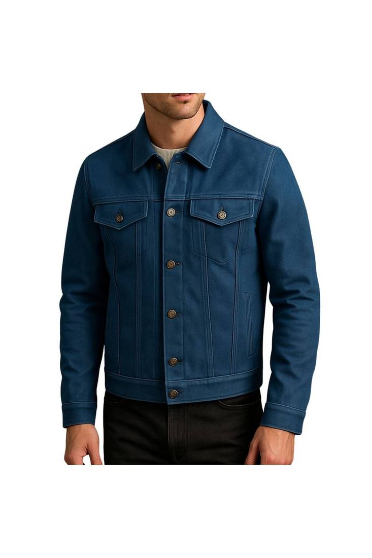 Men's blue suede leather casual button style trucker jacket