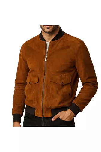 Men's brown suede leather bomber jacket modern fit