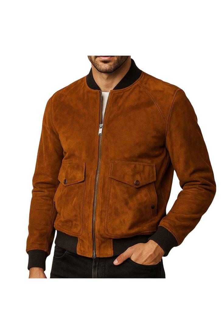 Men's brown suede leather bomber jacket modern fit