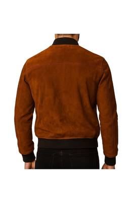 Men's brown suede leather bomber jacket modern fit 2