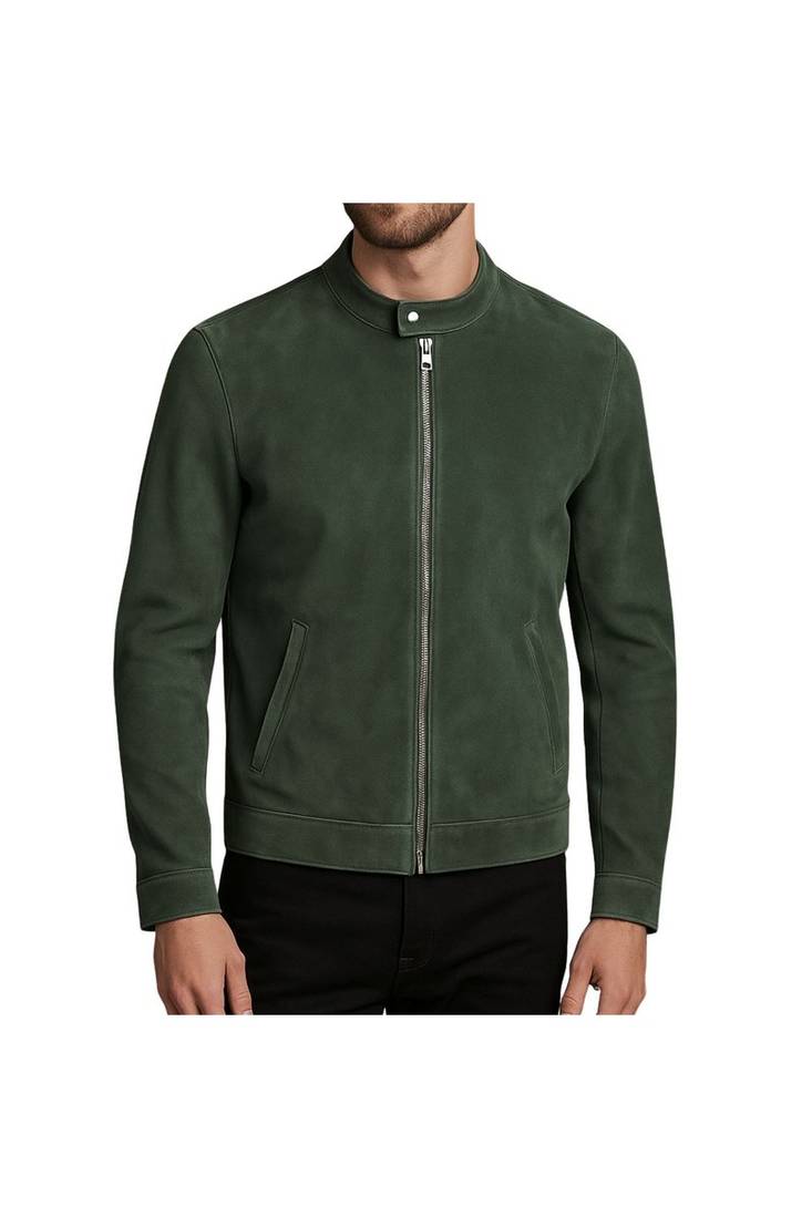 Men's olive green leather biker jacket handcrafted