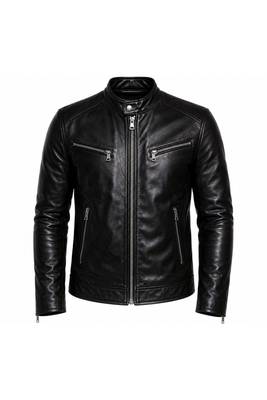 Men's genuine black leather biker jacket street style 1