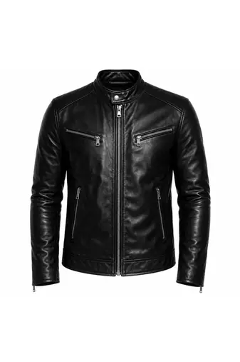 Men's genuine black leather biker jacket street style